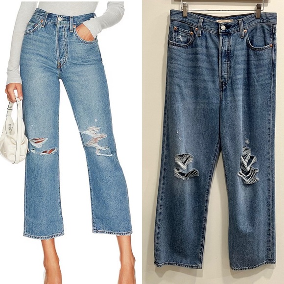 Levi’s Premium Ribcage Straight Ankle Jeans in After Love Ripped Knee No Stretch - Picture 2 of 14